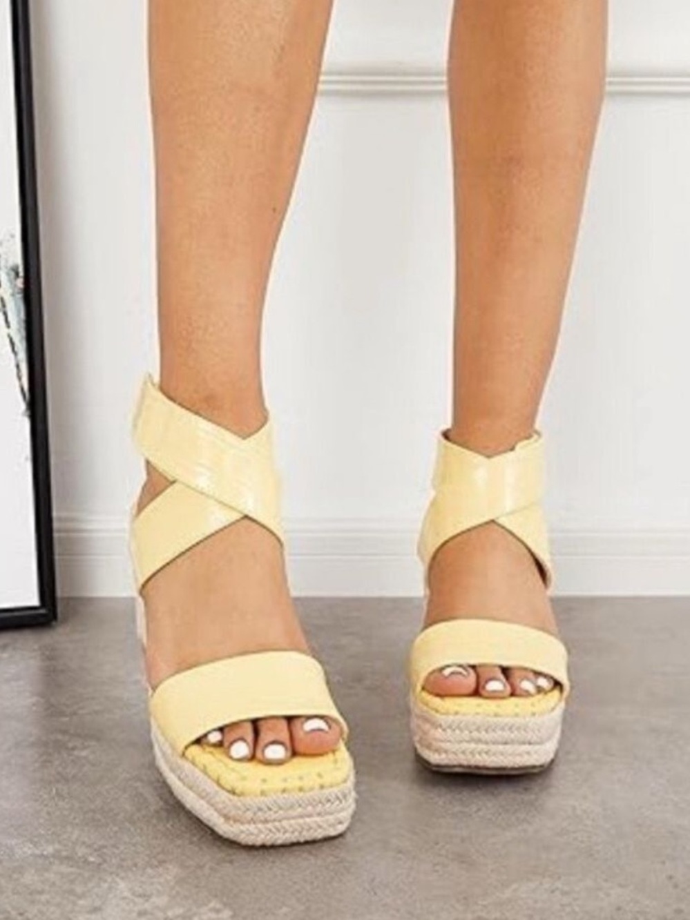 Coutgo Cross Strap Espadrille Reptile Wedge Platform Pastel Yellow Sandal